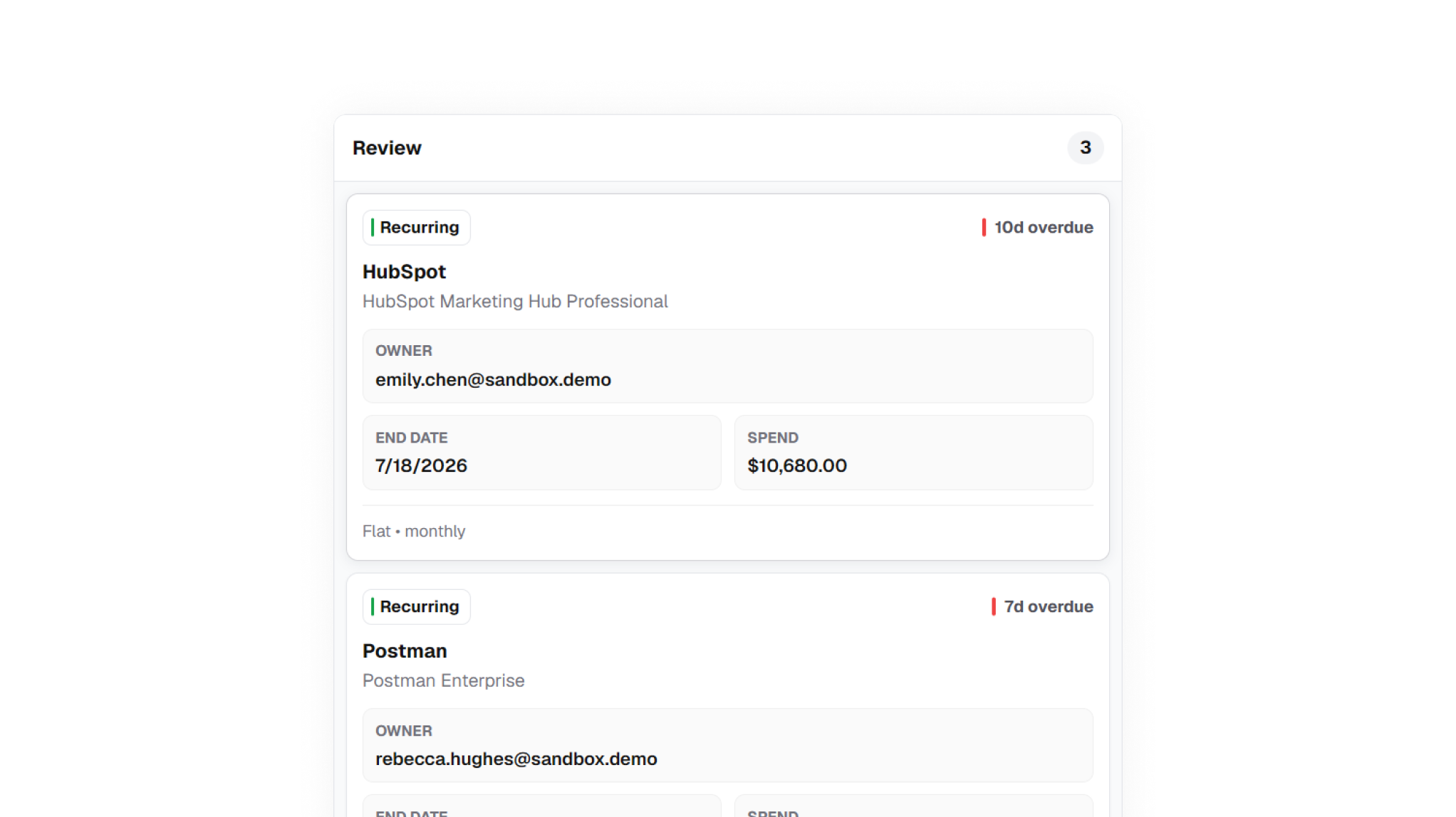ORVO Contracts review queue showing recurring vendor agreements with their owner, end date, and spend, flagged as overdue